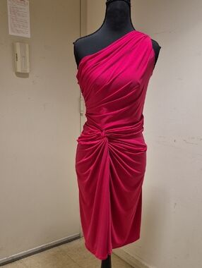 Boston Proper One-Shoulder Fuchsia Knot-Detail Midi Dress